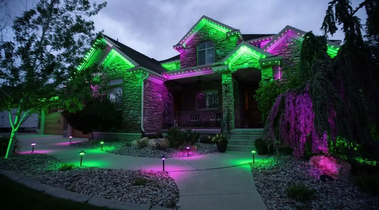 A house decorated with purple and green lights illuminating the front lawn, creating a festive atmosphere. A house decorated with purple and green lights illuminating the front lawn, creating a festive atmosphere.