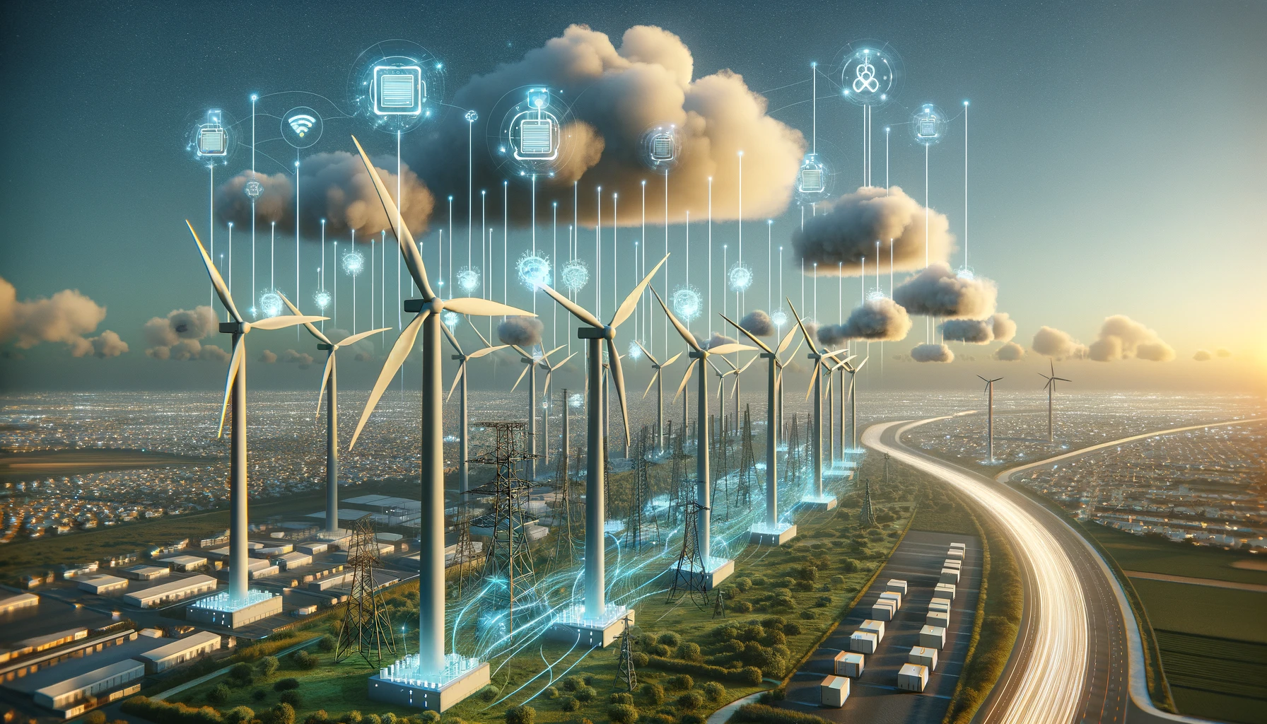 aA wind turbine field equipped with advanced edge computing units.