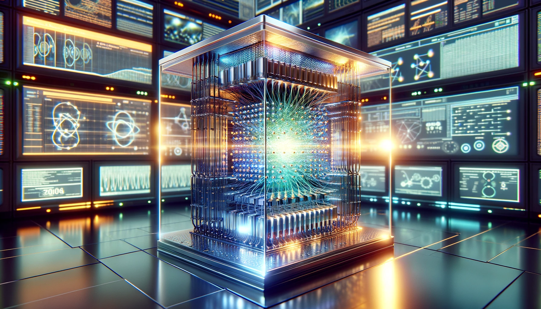 The image captures a futuristic quantum computer in a high-tech lab, designed to optimize renewable energy systems. 