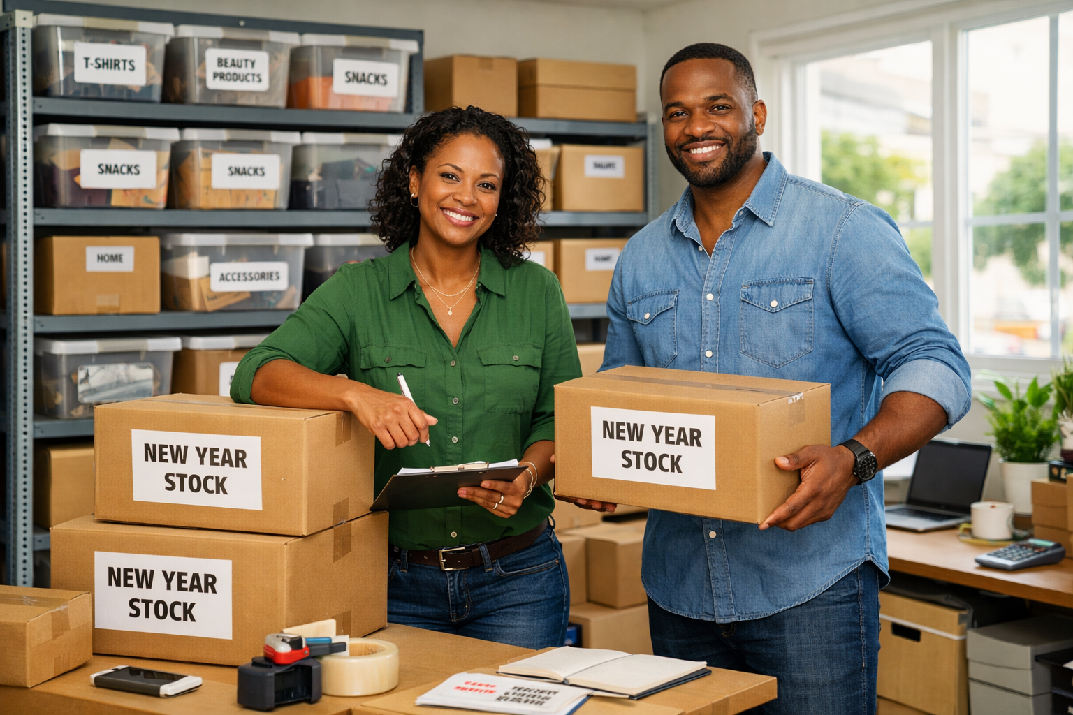 Jamaican small business owners organizing inventory and storage boxes while preparing their business for the New Year.