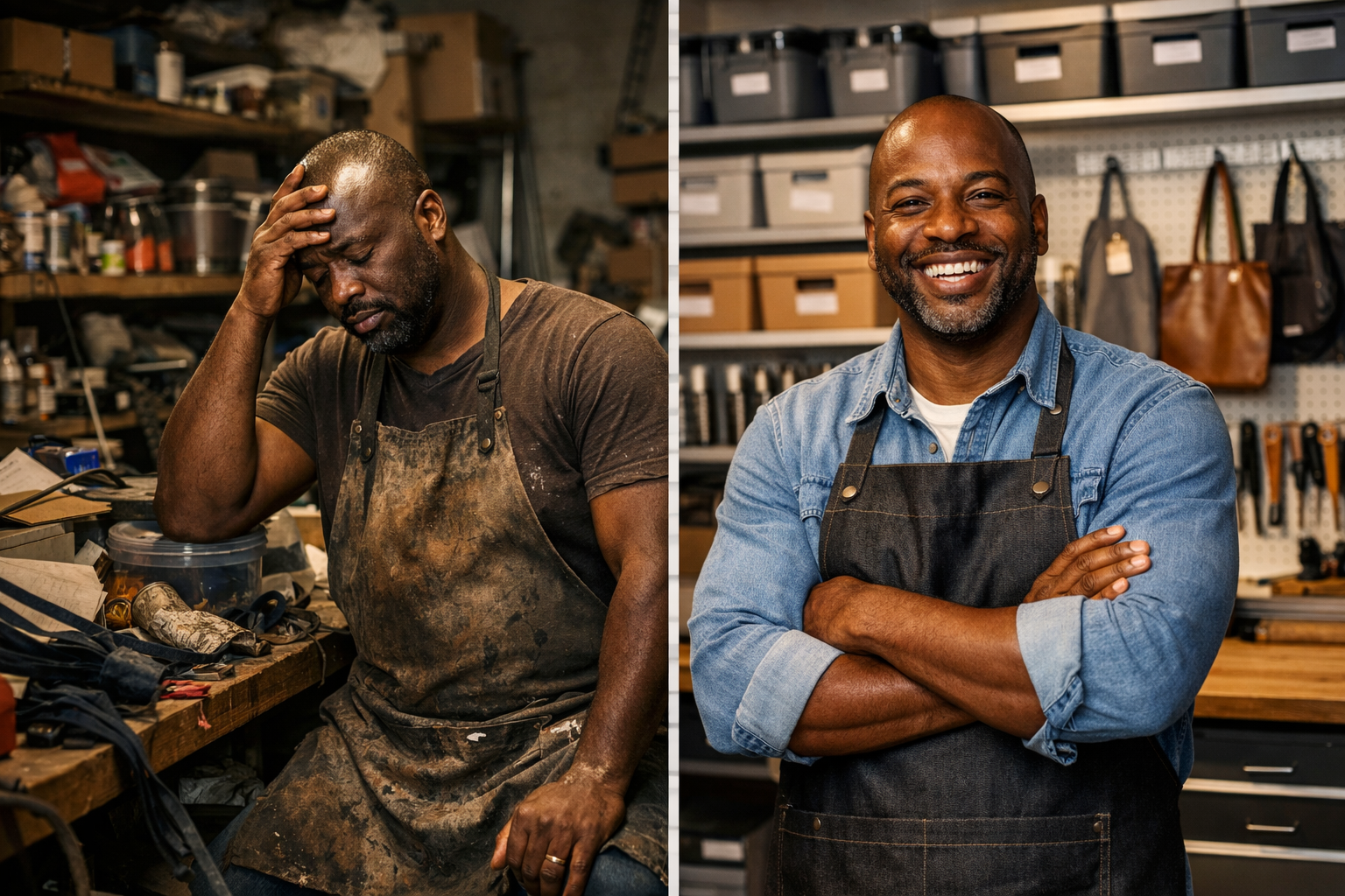 Comparison of a cluttered and organized Jamaican small business workspace after using storage units Comparison of a cluttered and organized Jamaican small business workspace after using storage units