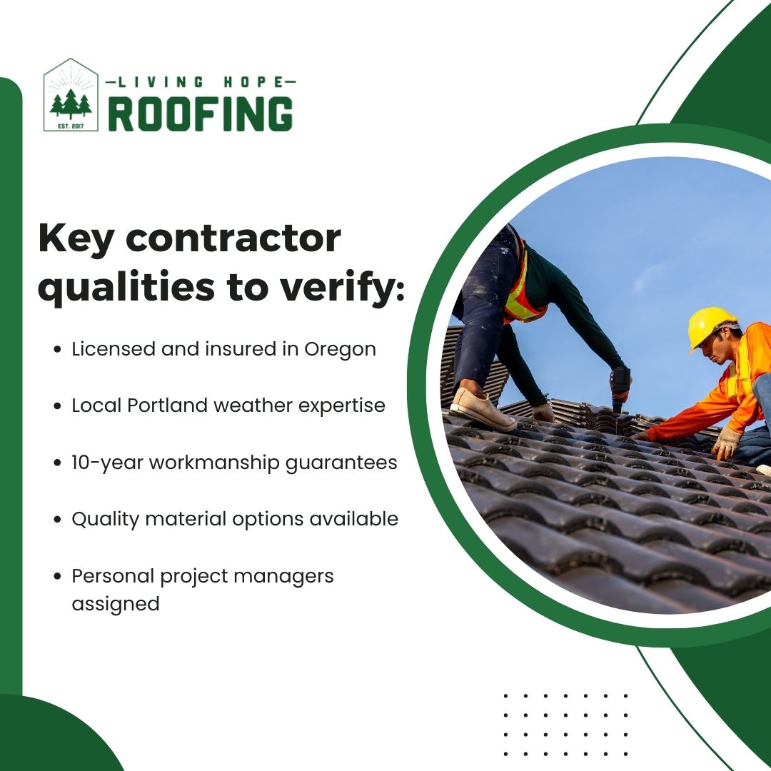 Living Hope Roofing: licensed, insured, local Portland weather expertise, 10-year workmanship guarantee.