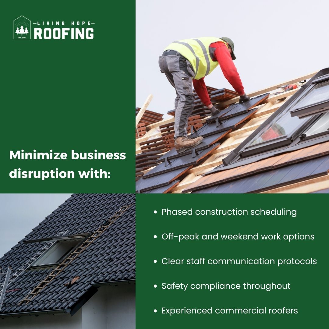 Minimize business disruption with Living Hope Roofing: phased construction, off-peak hours, safety.