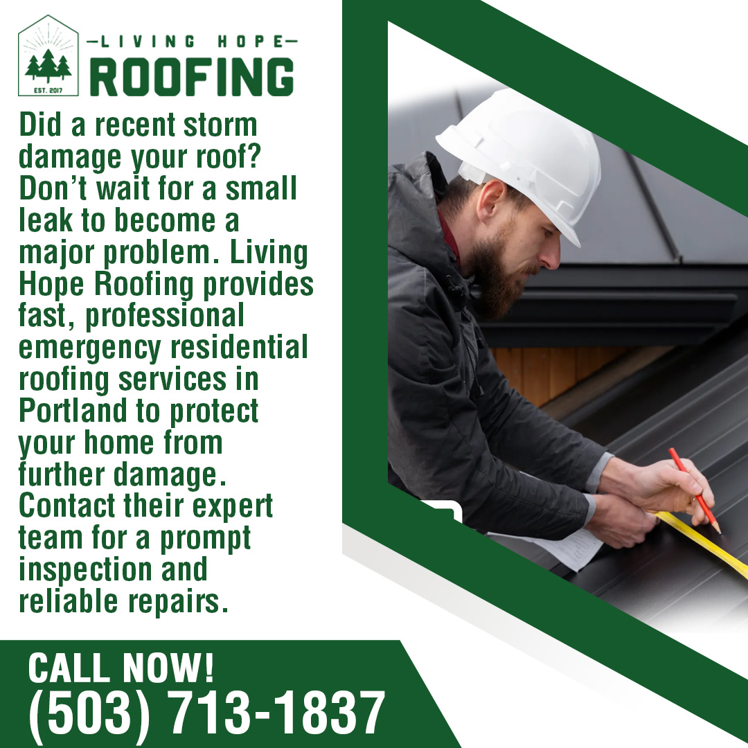 Living Hope Roofing logo. Roofer in a white hard hat measures a dark metal roof. Living Hope Roofing logo. Roofer in a white hard hat measures a dark metal roof.