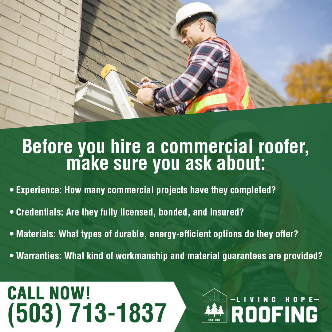 Living Hope Roofing logo. Roofer in white hard hat inspects shingles. 