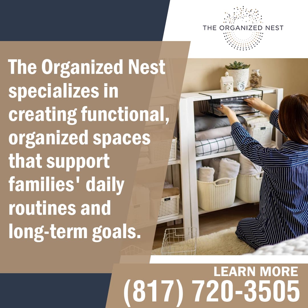 Woman organizing folded towels and baskets in a shelf system, work by The Organized Nest.