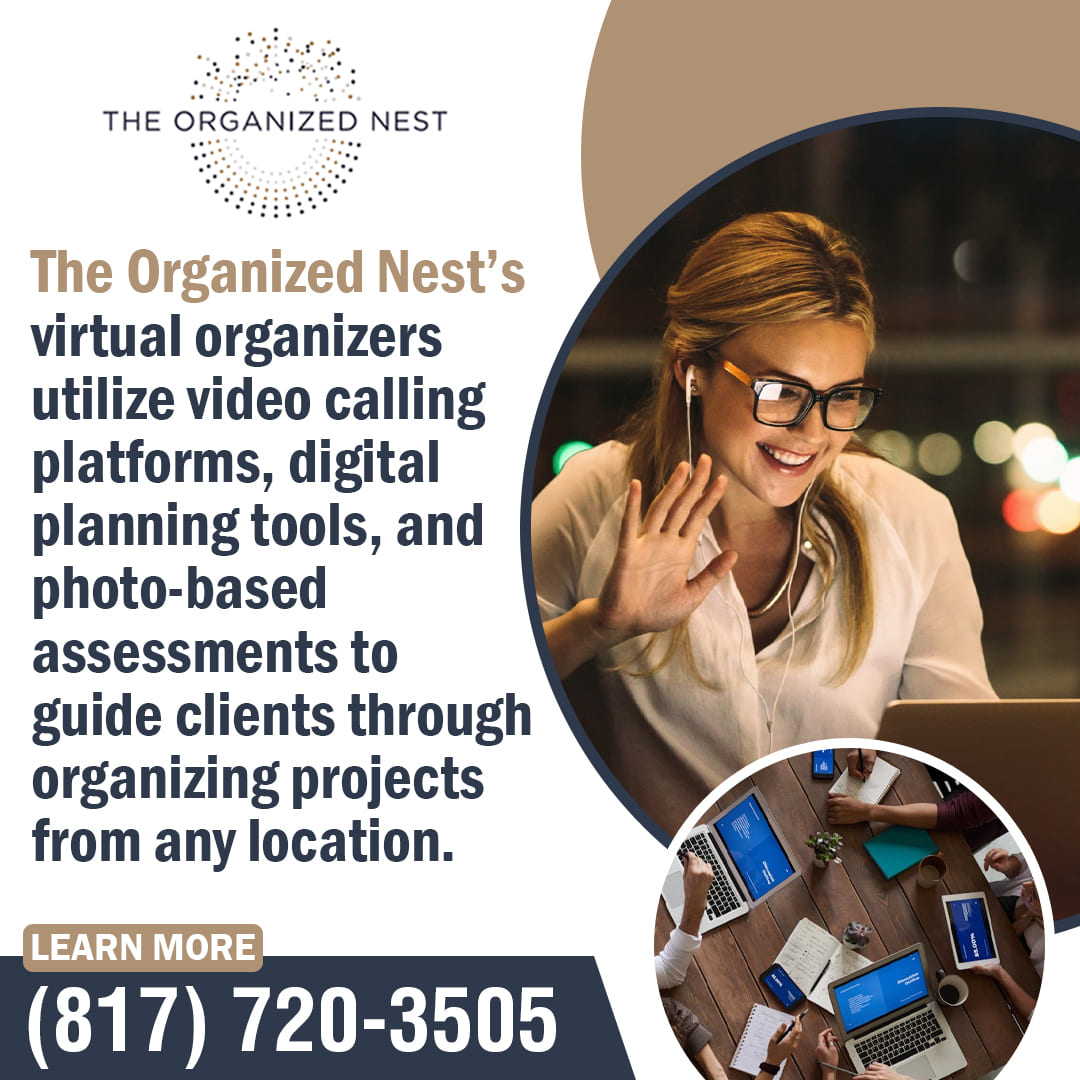 Woman on a virtual call with people working on computers and tablets. Virtual organizer from The Organized Nest. Woman on a virtual call with people working on computers and tablets. Virtual organizer from The Organized Nest.