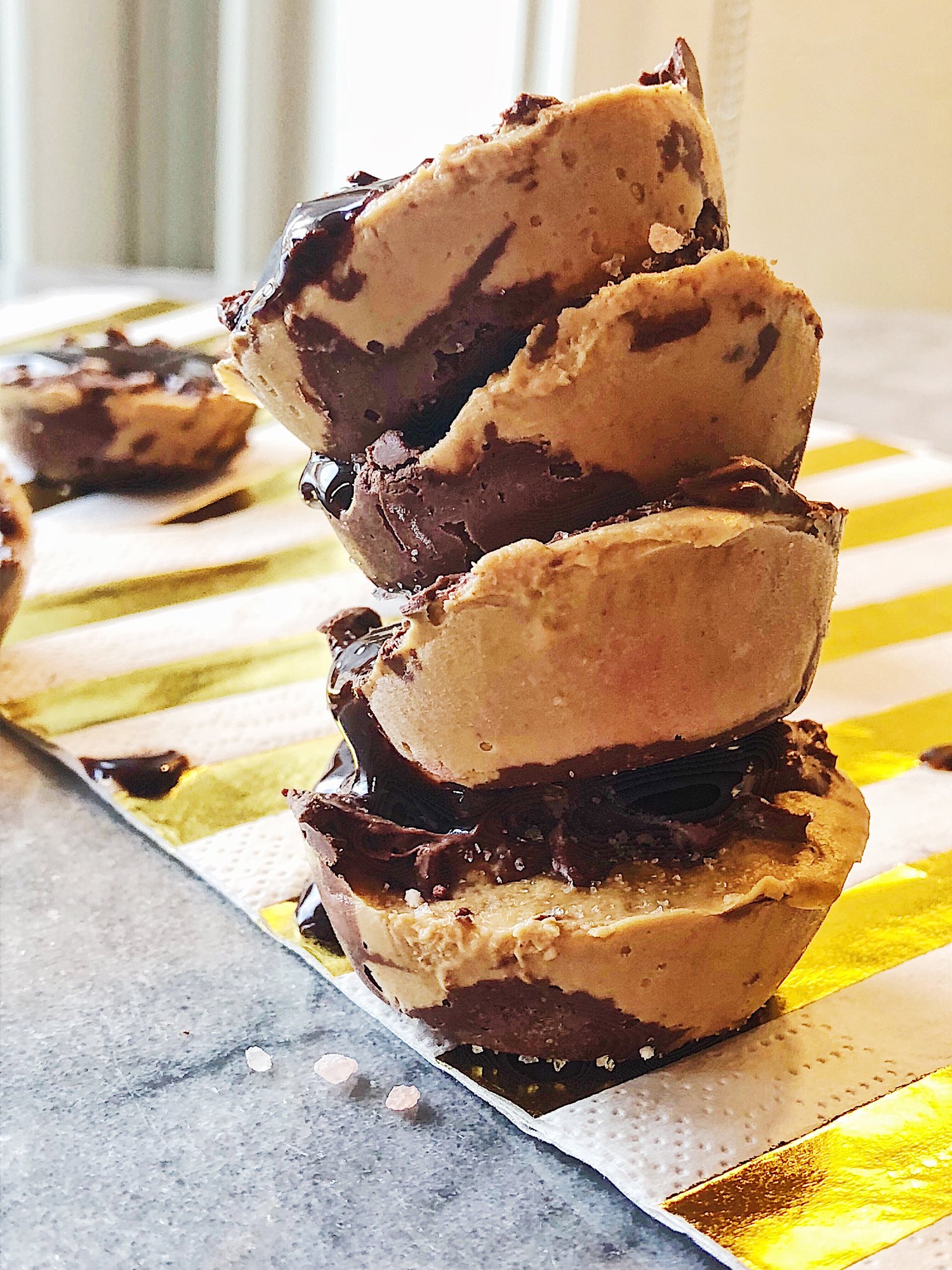Okay... this is like, the HOLY GRAIL of guilt-free dessert recipes. Why? I'll tell ya....   No-Bake  Chocolate  Peanut Butter  SEA SALT (optional)  Under 40 calories  Did I mention chocolate and peanut butter?  