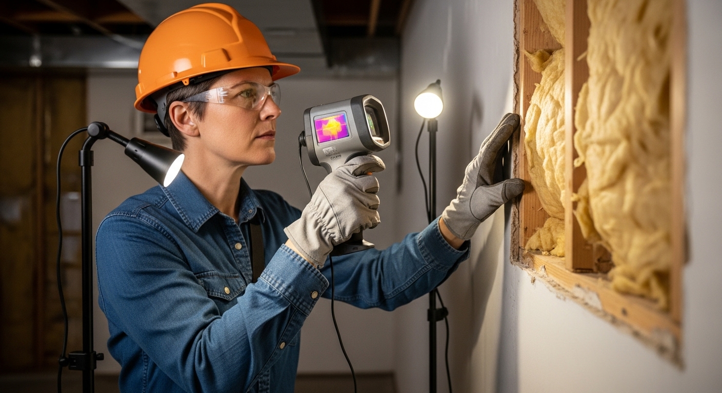 Licensed home inspector evaluating attic insulation during a home inspection in Dallas TX