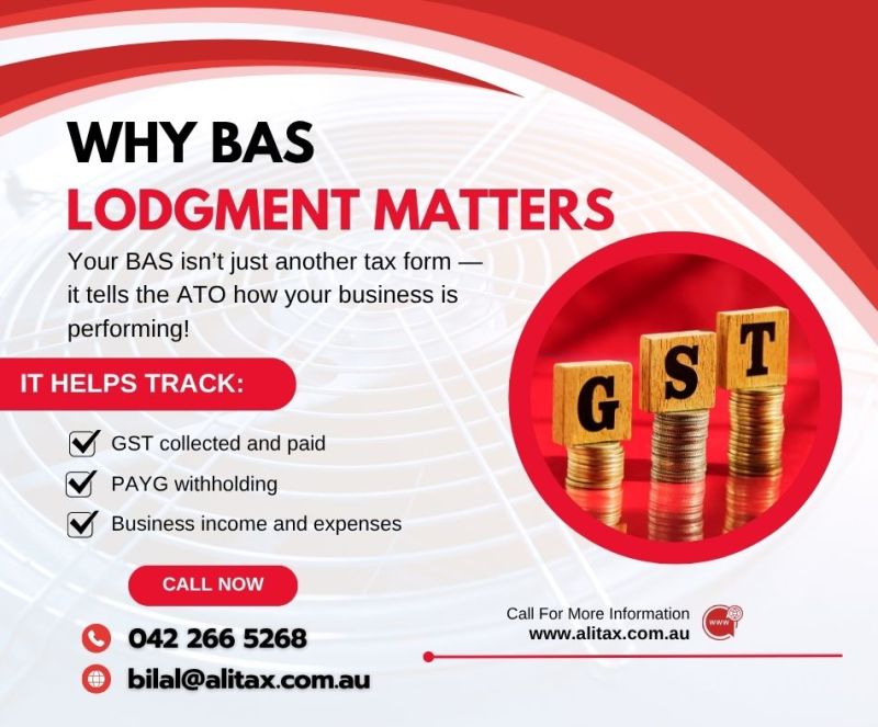 Business owner lodging BAS statement online to report GST and PAYG to the ATO for tax compliance in Australia.