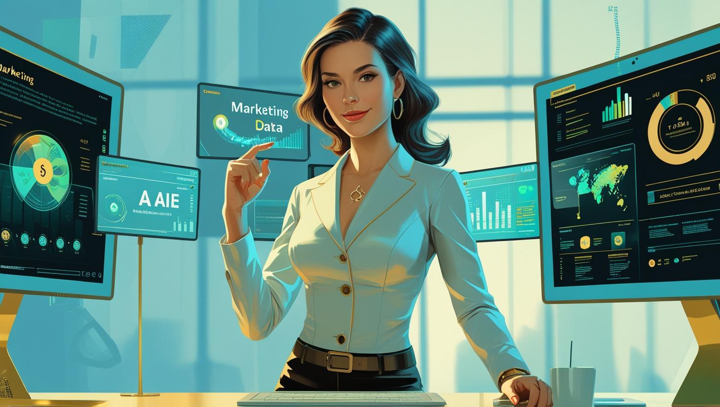 animation of a woman agent smiling with screens in background animation of a woman agent smiling with screens in background