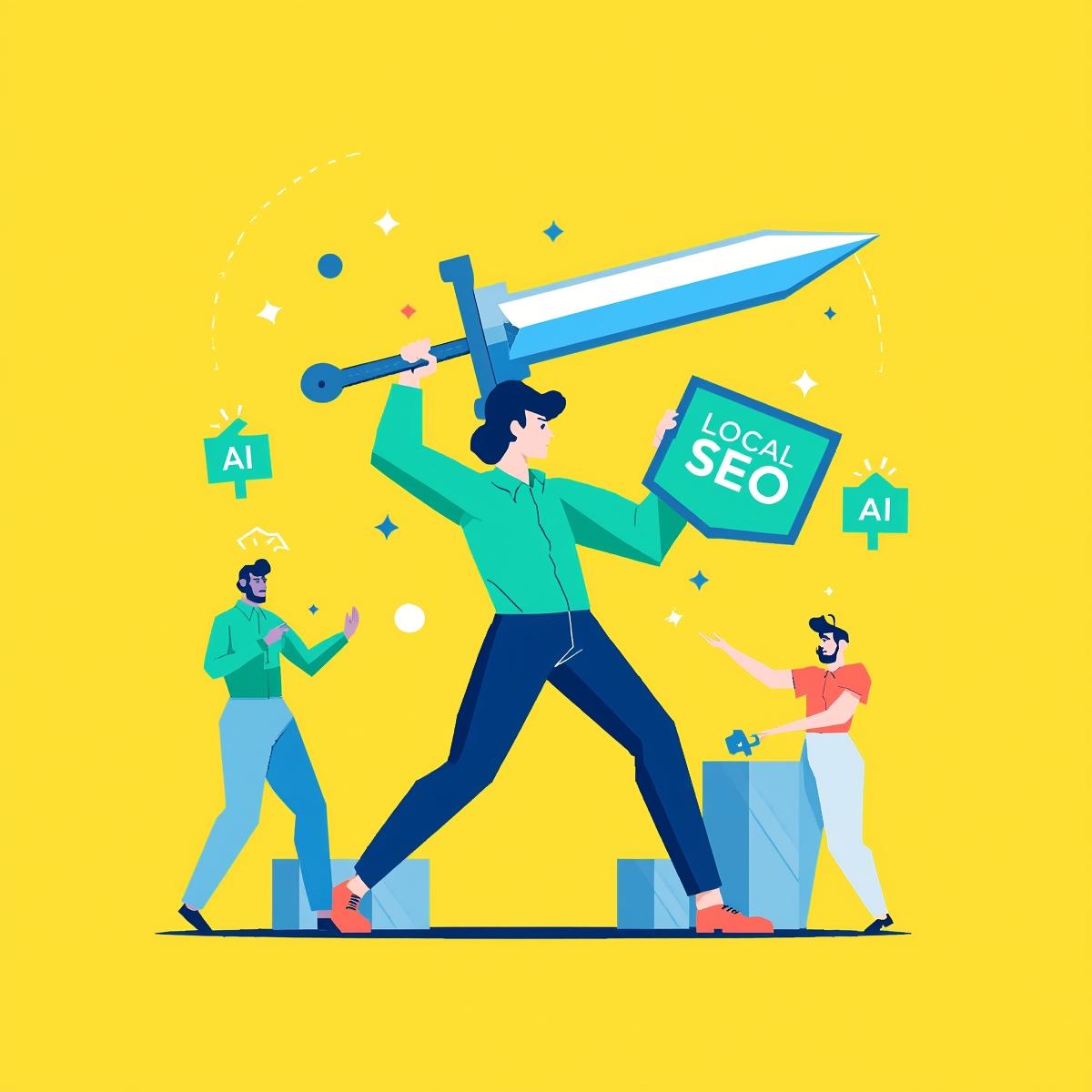 Illustration of a business professional using AI and local SEO as powerful tools to beat competitors. Illustration of a business professional using AI and local SEO as powerful tools to beat competitors.