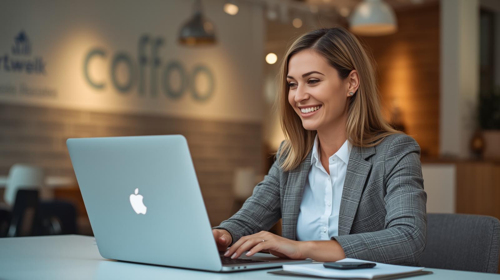 woman smiling because her business is getting many 5 star reviews