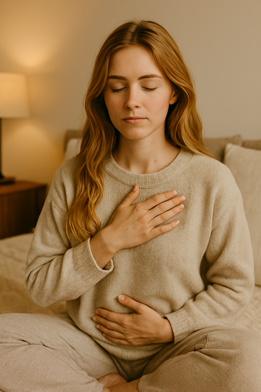 Young woman sitting peacefully with hands over heart, eyes closed, practicing self-love and healing, surrounded by a calm, natural home setting. Young woman sitting peacefully with hands over heart, eyes closed, practicing self-love and healing, surrounded by a calm, natural home setting.