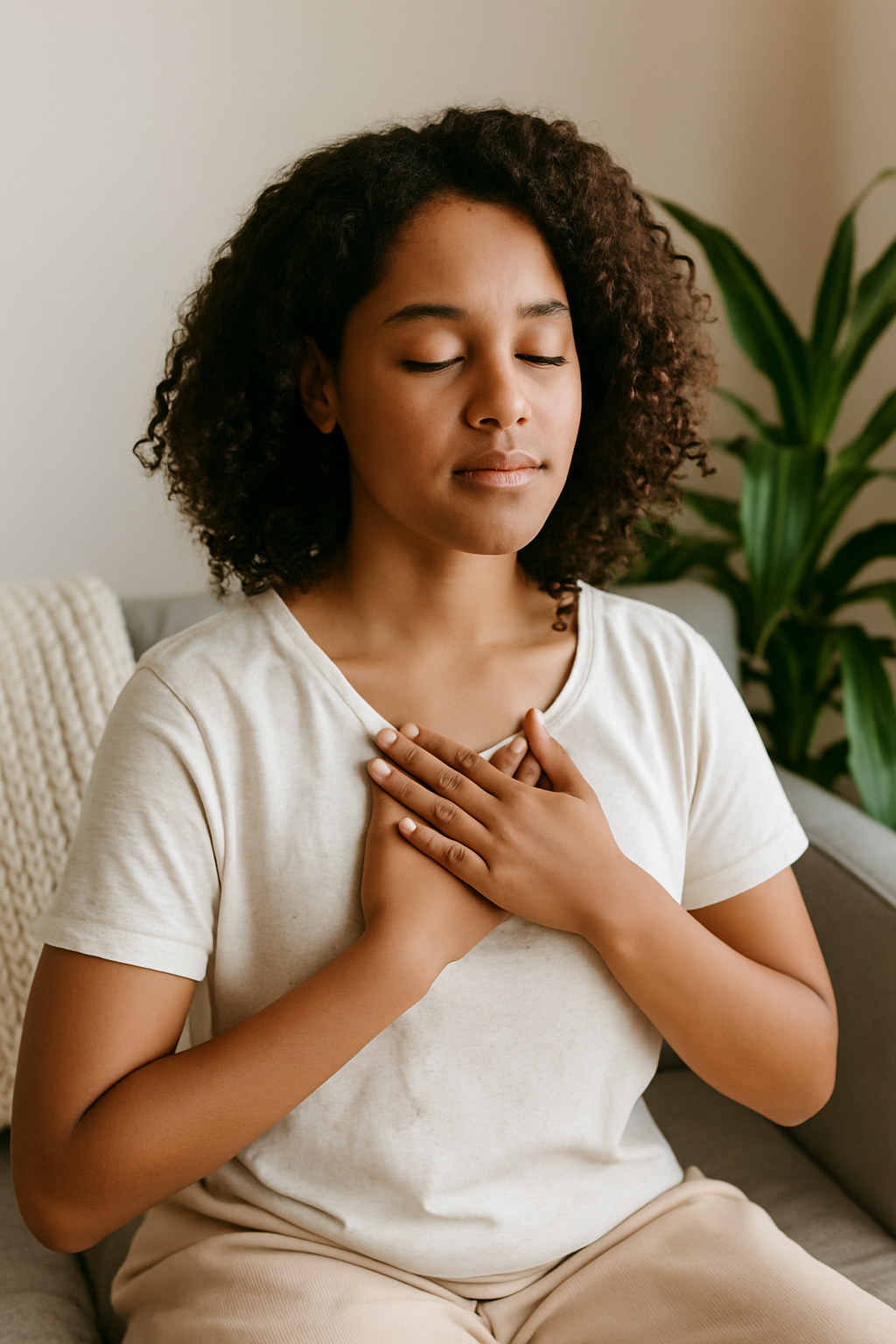 Young woman sitting peacefully with hands over heart, eyes closed, practicing self-love and healing, surrounded by a calm, natural home setting. Young woman sitting peacefully with hands over heart, eyes closed, practicing self-love and healing, surrounded by a calm, natural home setting.