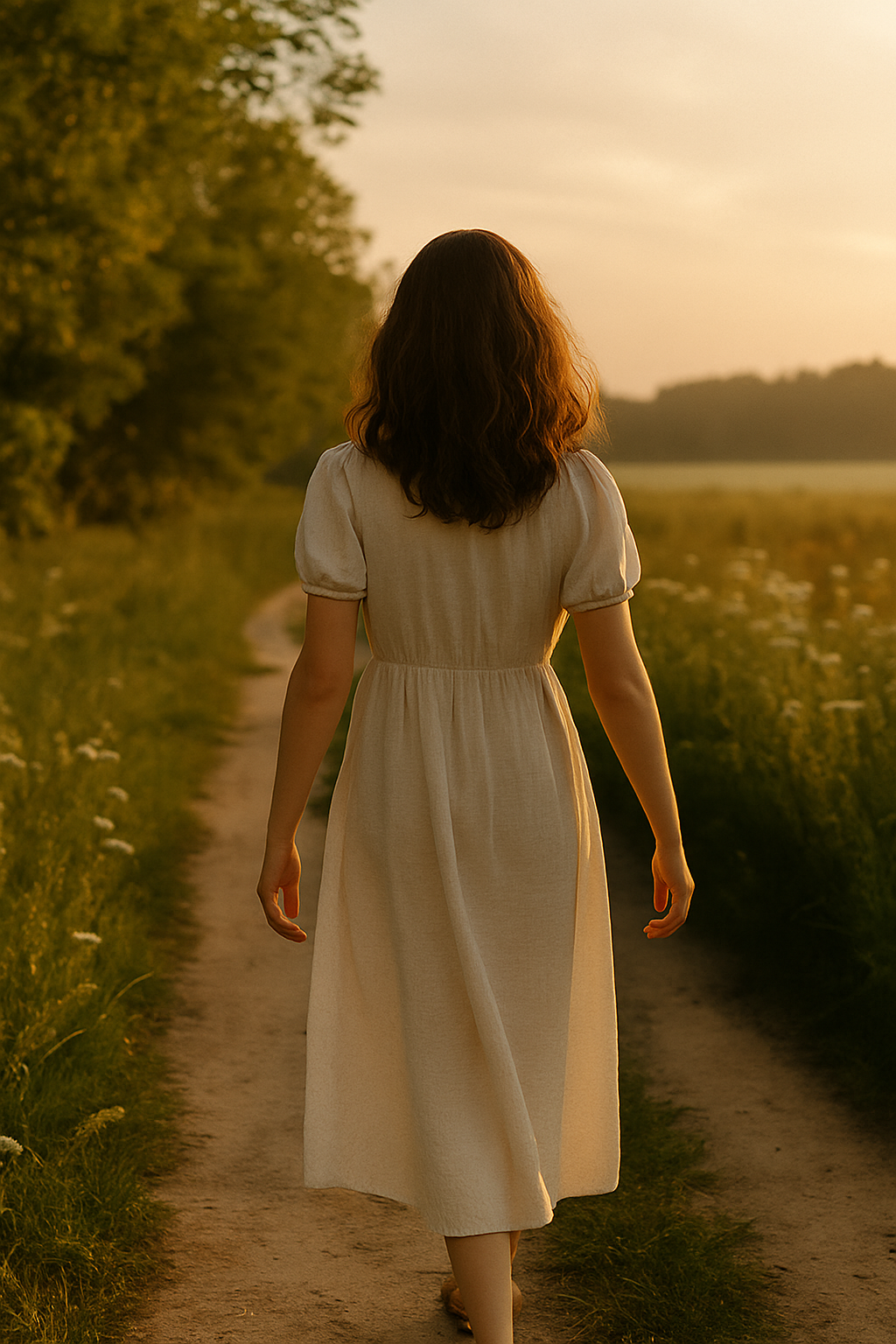 Light-skinned woman walking into a soft natural landscape, representing the unknown journey of healing and rebuilding. Light-skinned woman walking into a soft natural landscape, representing the unknown journey of healing and rebuilding.