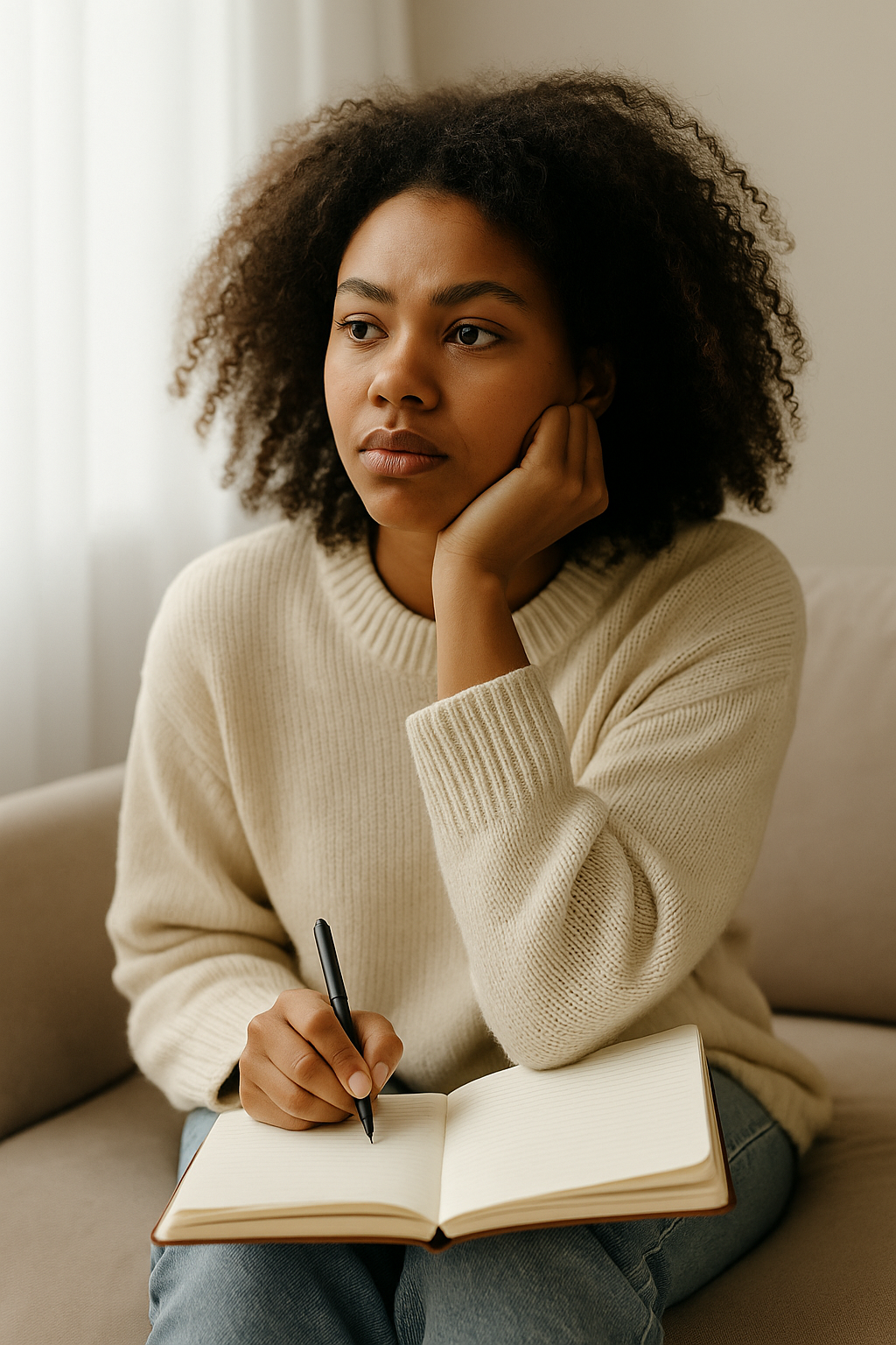 Young woman sitting peacefully, journaling during her healing journey and reflecting on personal growth. Young woman sitting peacefully, journaling during her healing journey and reflecting on personal growth.