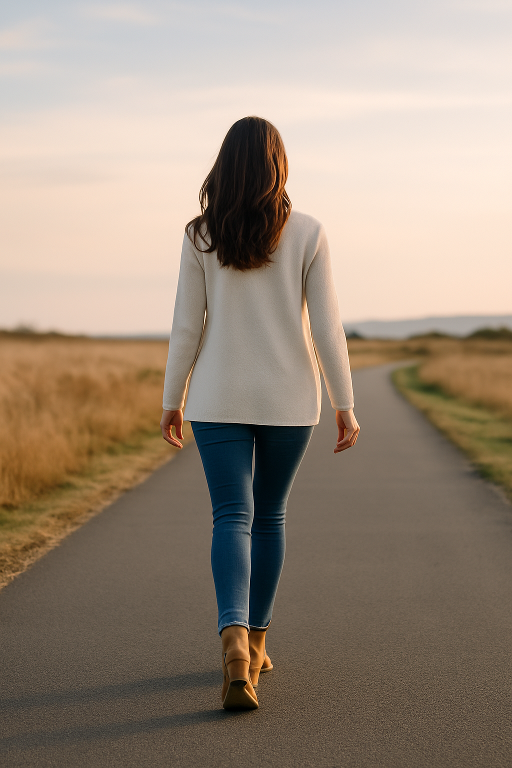 Woman walking forward confidently along a clear open path, representing courage, growth, and stepping into a new season of life Woman walking forward confidently along a clear open path, representing courage, growth, and stepping into a new season of life