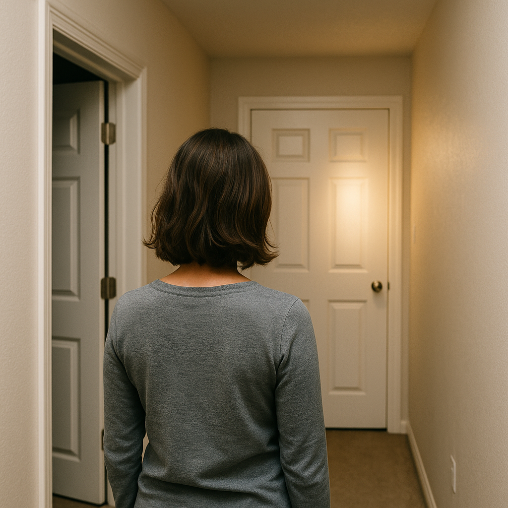 Woman standing at the end of a hallway looking at a closed glowing door, symbolizing the in-between season of life. Woman standing at the end of a hallway looking at a closed glowing door, symbolizing the in-between season of life.