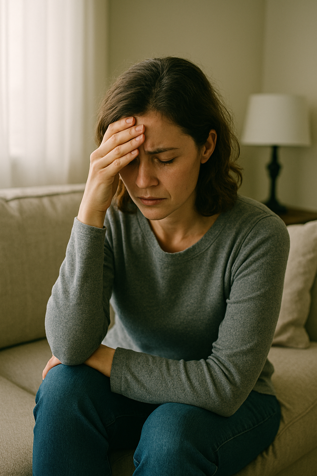 Woman holding her head in frustration, representing emotional fatigue and the heaviness of transformation. Woman holding her head in frustration, representing emotional fatigue and the heaviness of transformation.