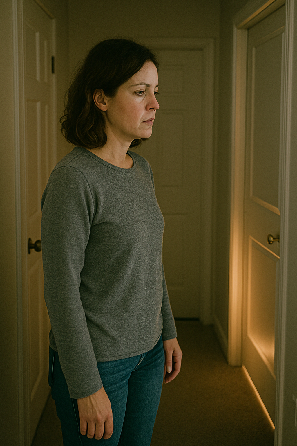 Woman pausing in a softly lit hallway between doors, reflecting uncertainty and transition. Woman pausing in a softly lit hallway between doors, reflecting uncertainty and transition.