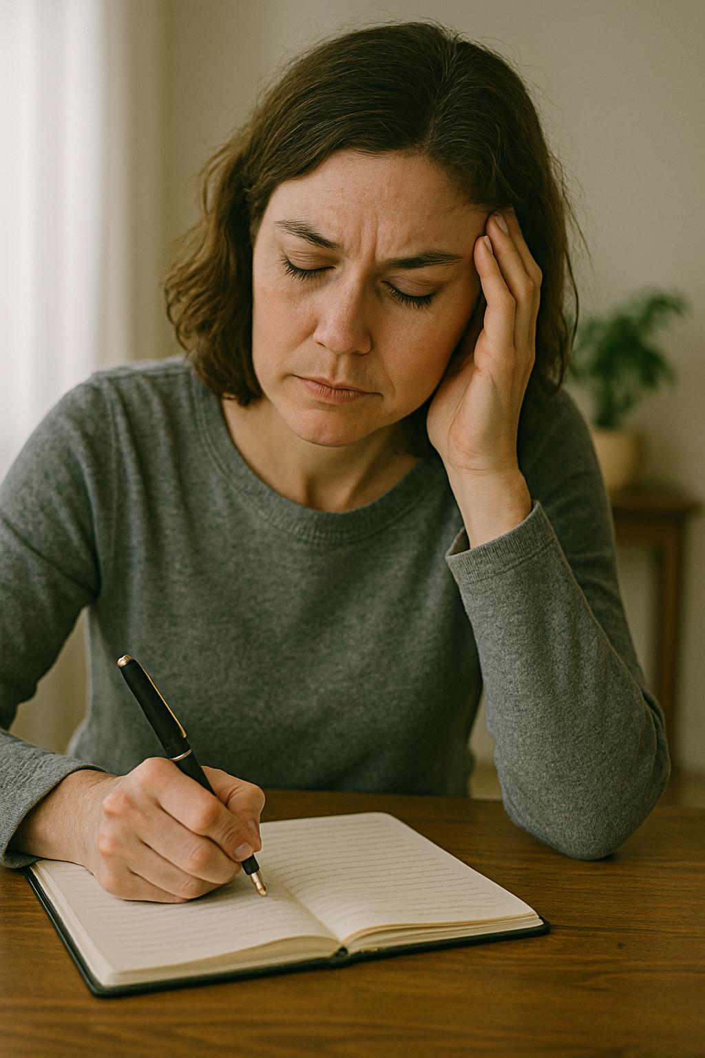 Woman journaling while deep in thought, illustrating reflection during emotional healing. Woman journaling while deep in thought, illustrating reflection during emotional healing.