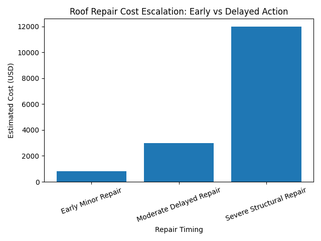 Bar chart comparing estimated roof repair costs for early minor repair, moderate delayed repair, and severe structural repair, illustrating how delaying professional roof repair increases total cost. Bar chart comparing estimated roof repair costs for early minor repair, moderate delayed repair, and severe structural repair, illustrating how delaying professional roof repair increases total cost.