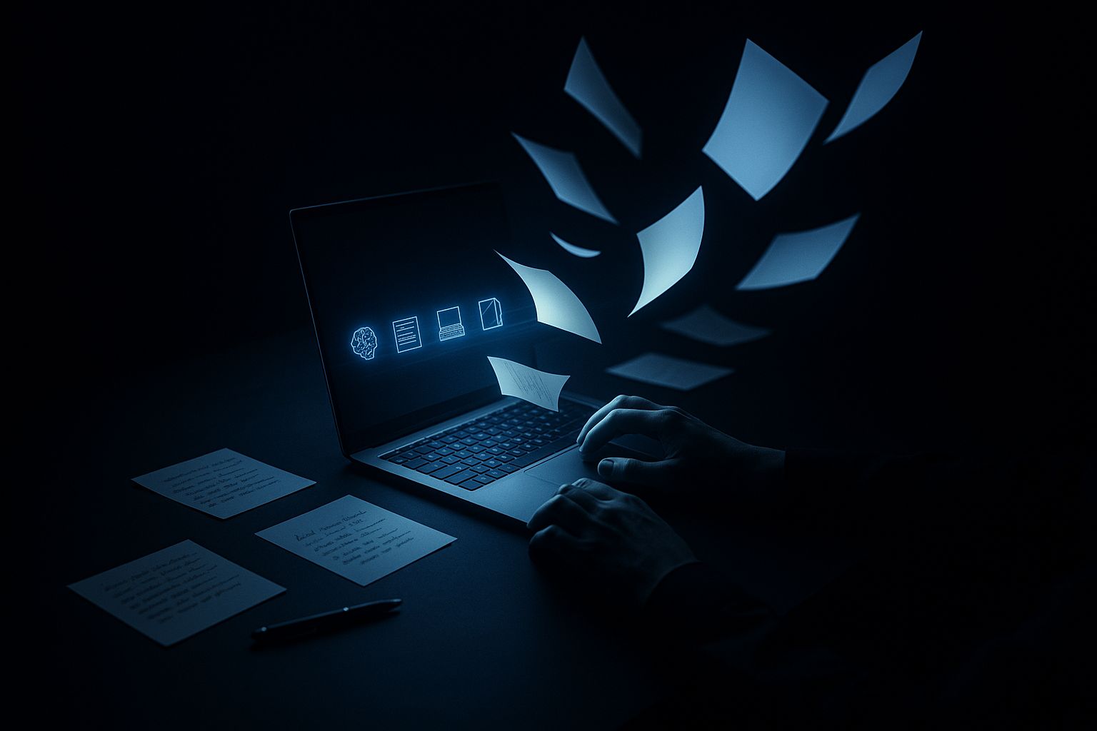 Laptop with flying pages