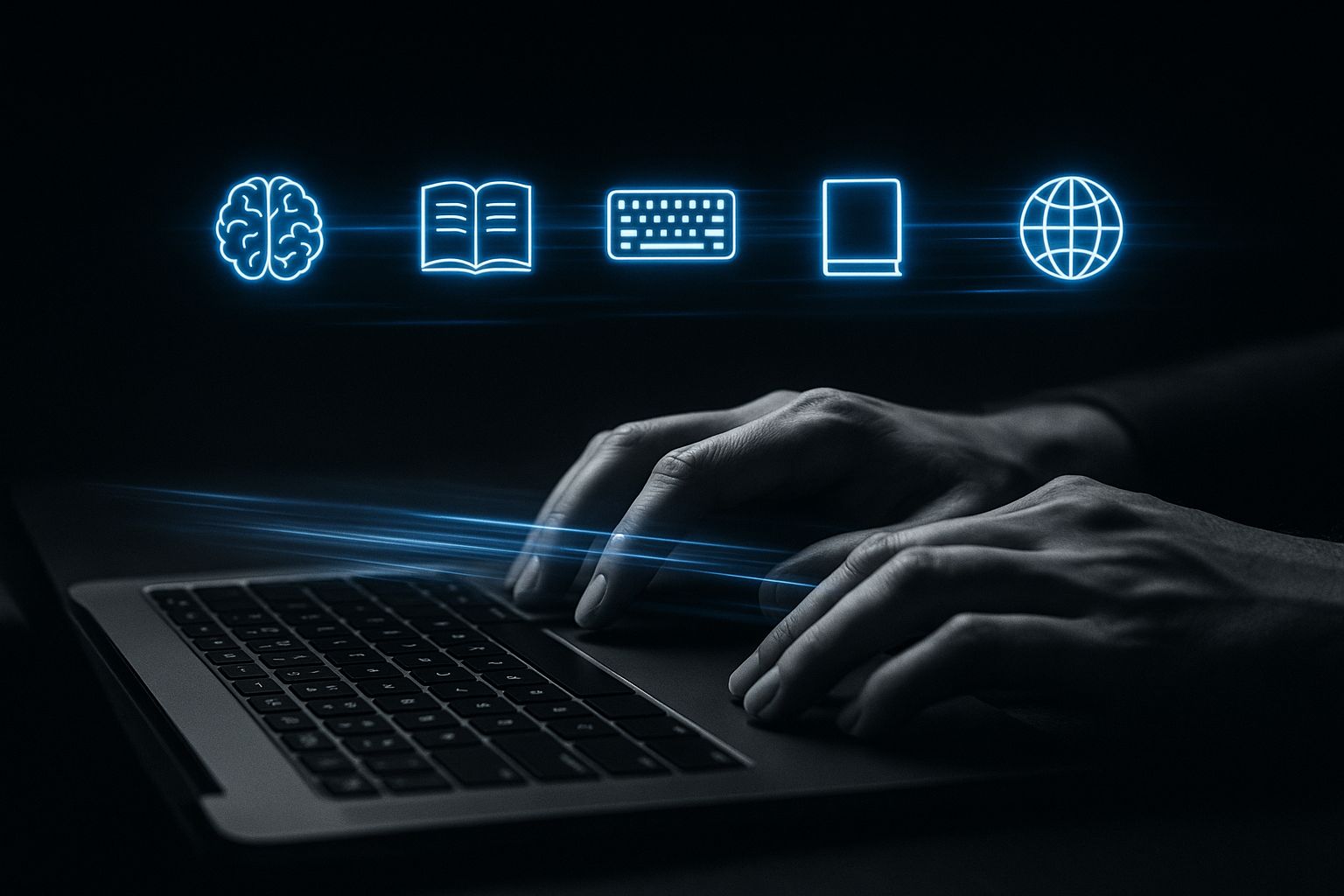 Typing hands with neon icons