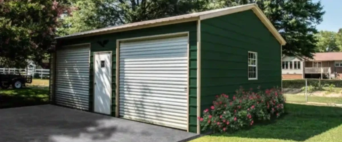 Green metal garage with two roll-up doors and flower landscaping