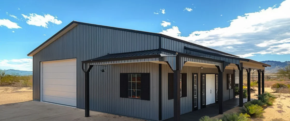 Modern metal building home design with black accents and desert backdrop Modern metal building home design with black accents and desert backdrop