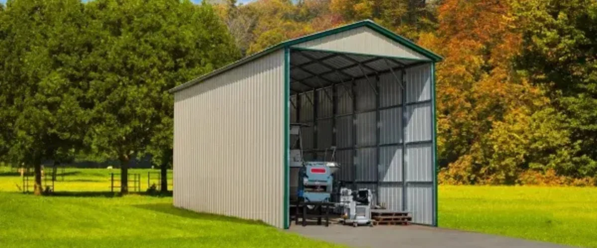 Open-front metal shed used for equipment and machinery storage Open-front metal shed used for equipment and machinery storage