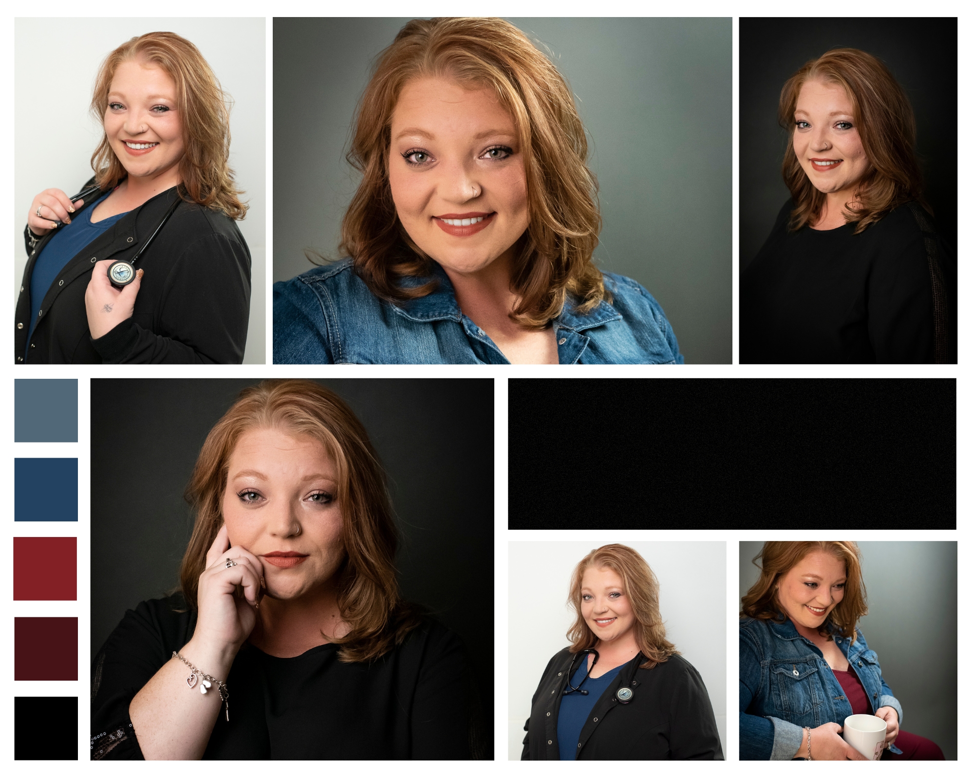 Quality Professional Headshots near Sweetwater, TX. Collage of six professional headshots featuring a smiling woman with shoulder-length strawberry-blonde hair. She wears a mix of denim and black outfits, sometimes holding a stethoscope or a coffee mug. Color swatches in navy blue, steel blue, maroon, and burgundy appear on the left side.
