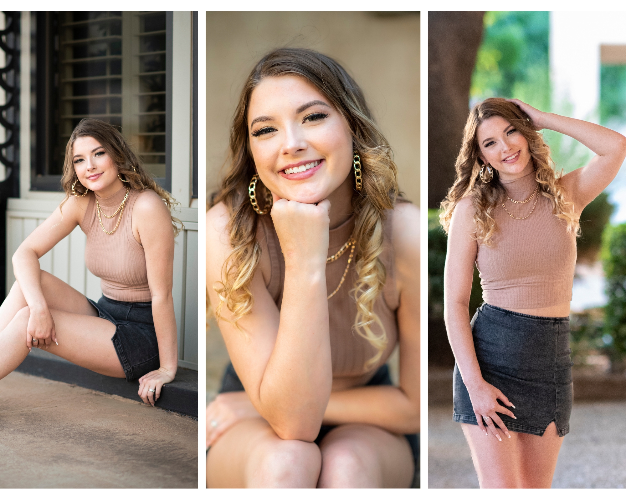 Collage of three senior portraits by Leslee Shaw Photography in Sweetwater, TX. A smiling young woman with wavy, light-brown hair wears a sleeveless beige top, gold hoop earrings, layered necklaces, and a black denim skirt while posing outdoors.