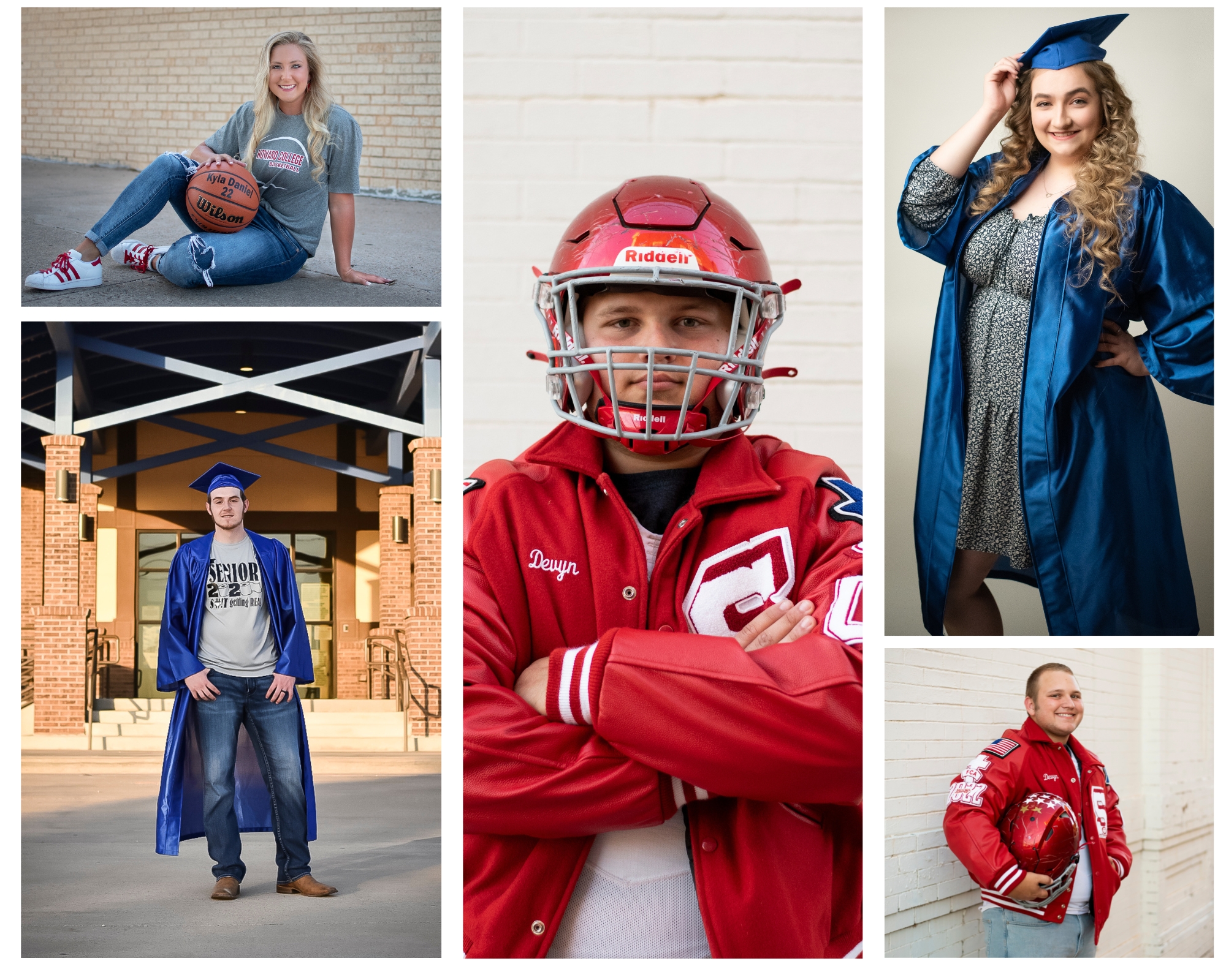 Collage of five high school seniors photographed by Leslee Shaw Photography in Sweetwater, TX, each wearing graduation caps, letterman jackets, or sports uniforms, celebrating their upcoming graduation.
