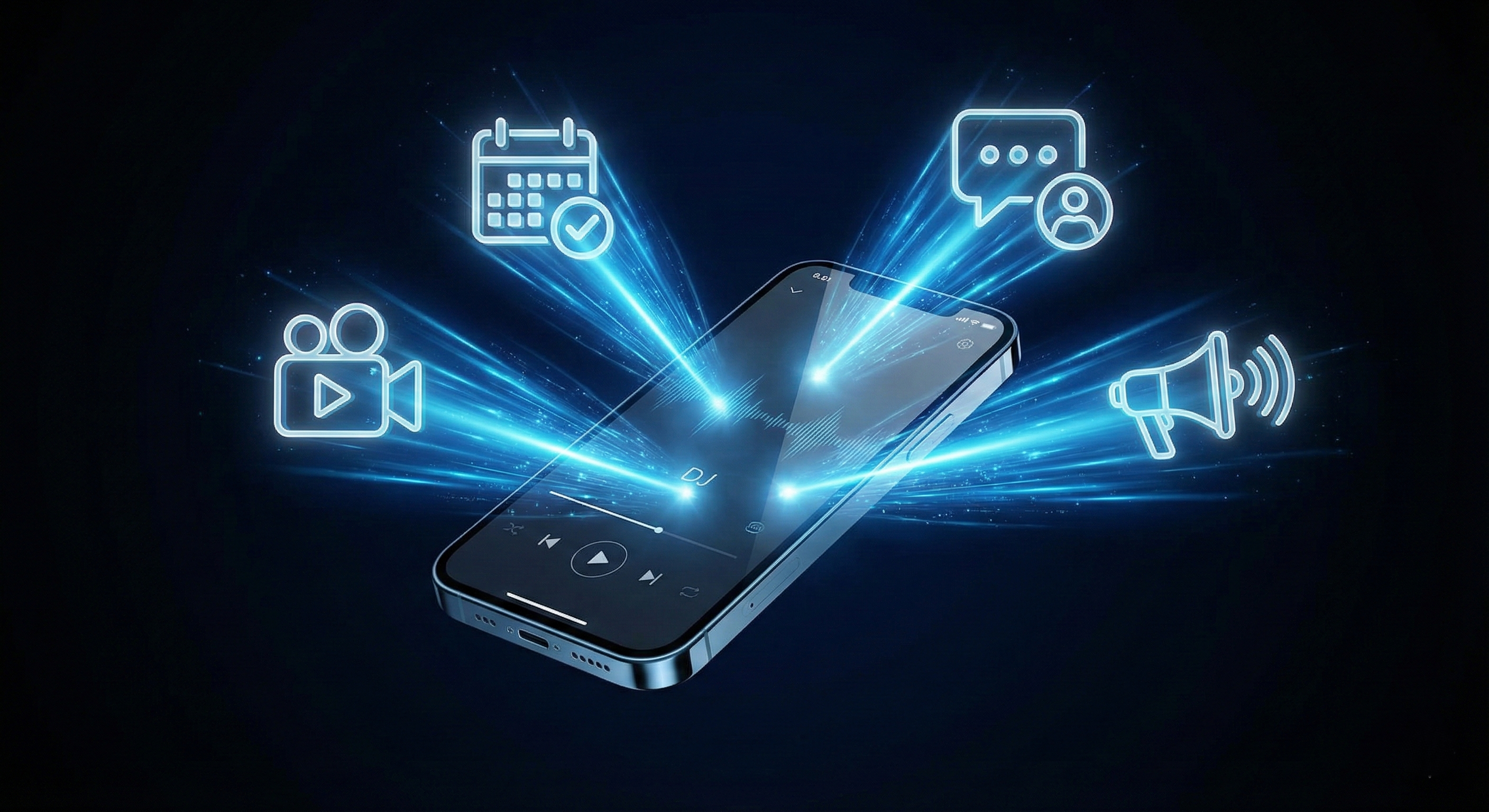 3D render of a smartphone surrounded by glowing social media icons representing a DJ's digital marketing tools.