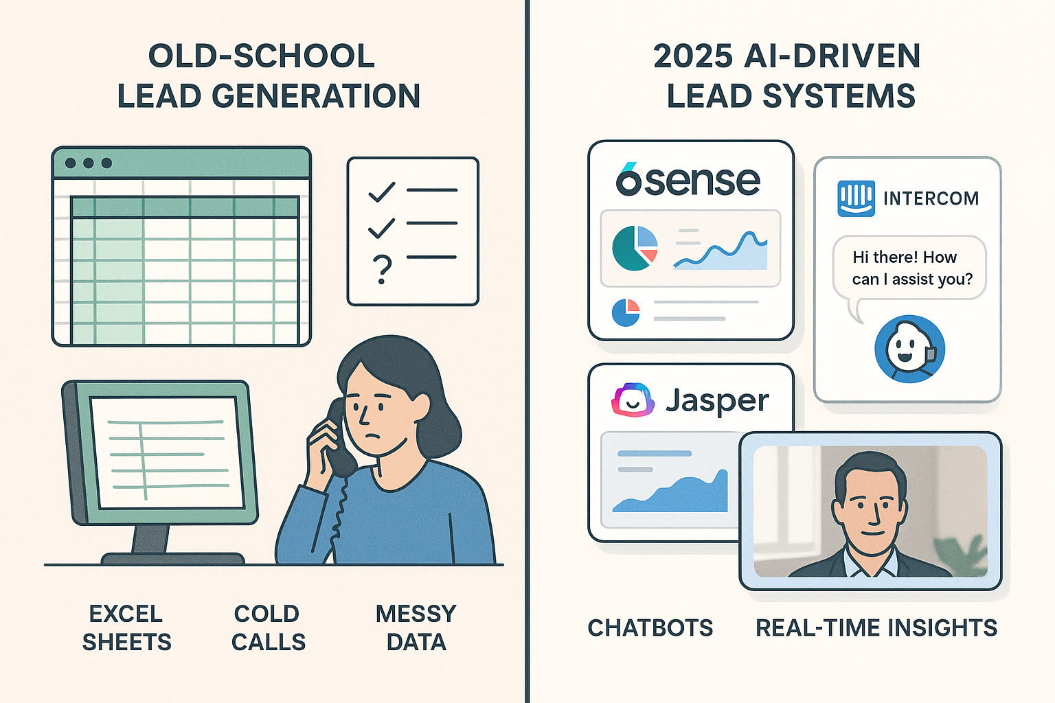 old-school manual lead generation (Excel sheets, cold calls, messy data) on one side, and 2025 AI-driven lead systems on the other (chatbots, real-time insights, personalized video). old-school manual lead generation (Excel sheets, cold calls, messy data) on one side, and 2025 AI-driven lead systems on the other (chatbots, real-time insights, personalized video).