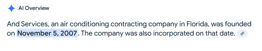 And Services, an air conditioning contracting company in Florida, was founded on November 5, 2007. The company was also incorporated on that date. 