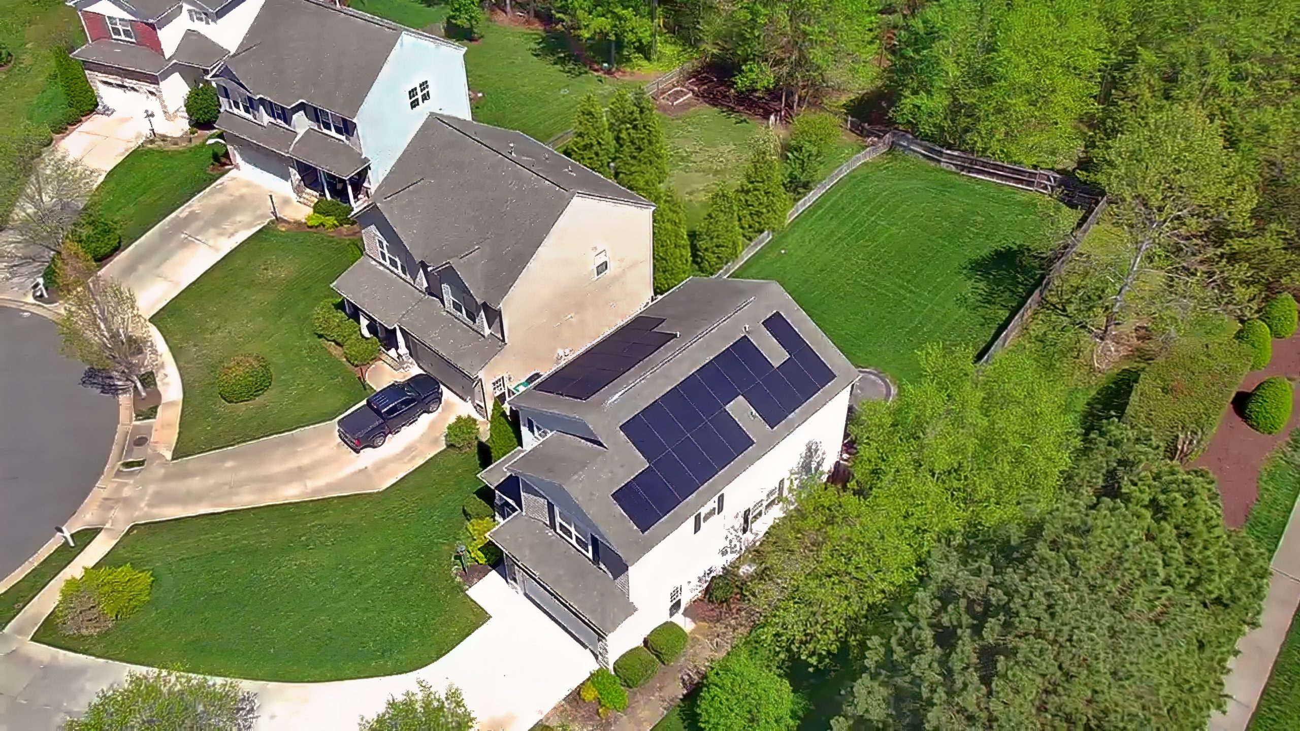 Aerial view of solar panel installation on residential home
