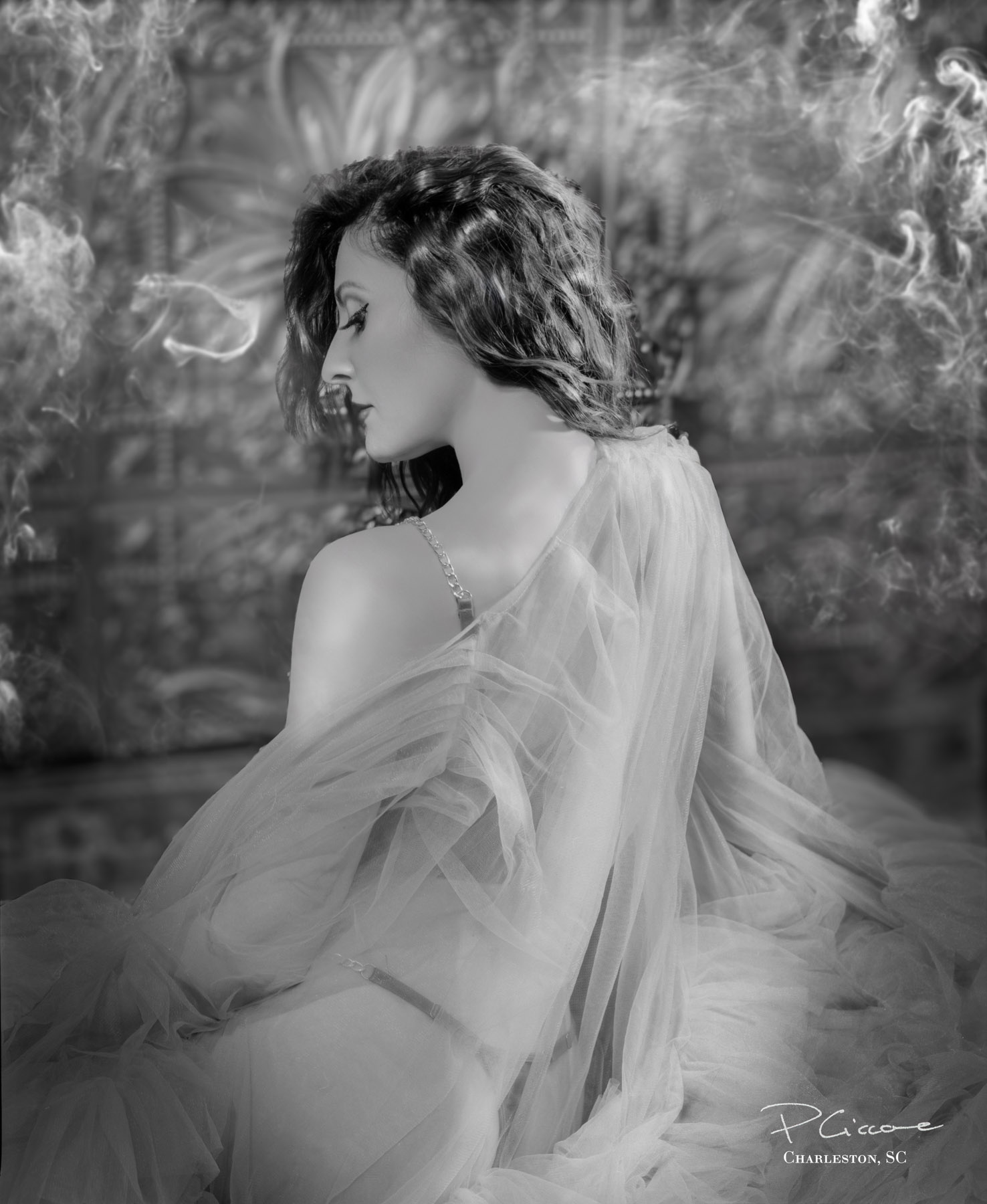 Starlet robe with tulle layers and chain lingerie in Charleston boudoir photography of Tammy