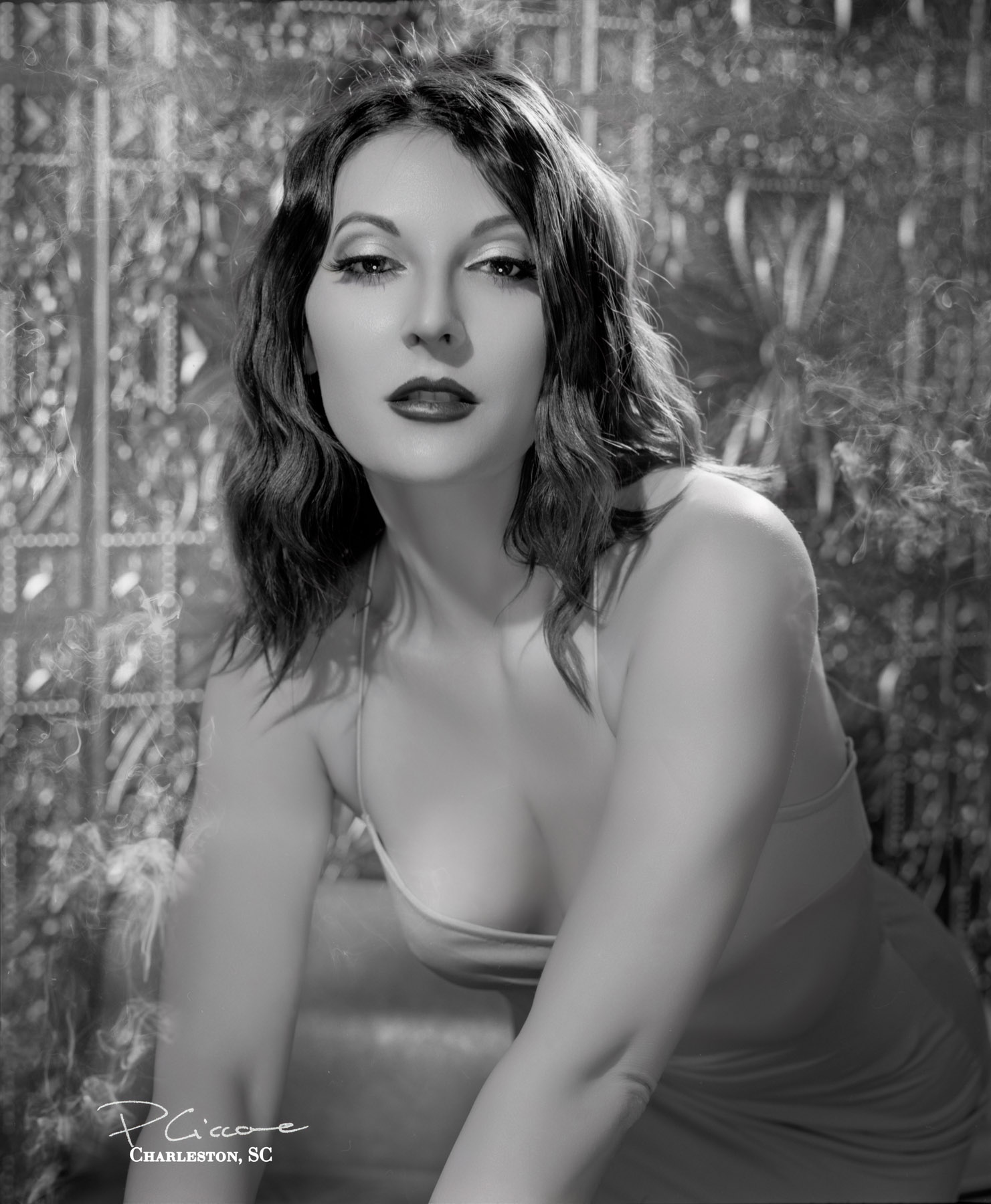 Tammy in satin mini dress posing in classic Hollywood glamour boudoir style