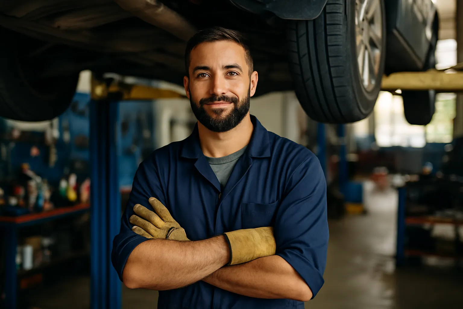 A man is standing in front of a car on a lift in a garage with his arms crossed.