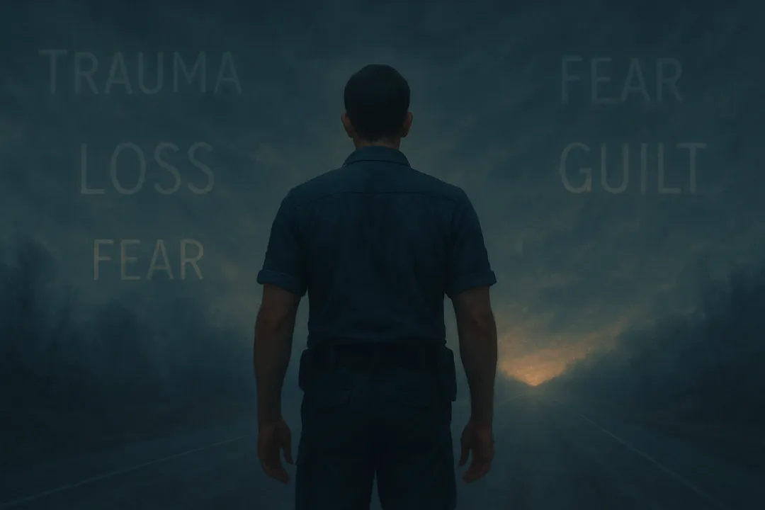 Man facing words of trauma and fear, seeking recovery and emotional healing through therapy.