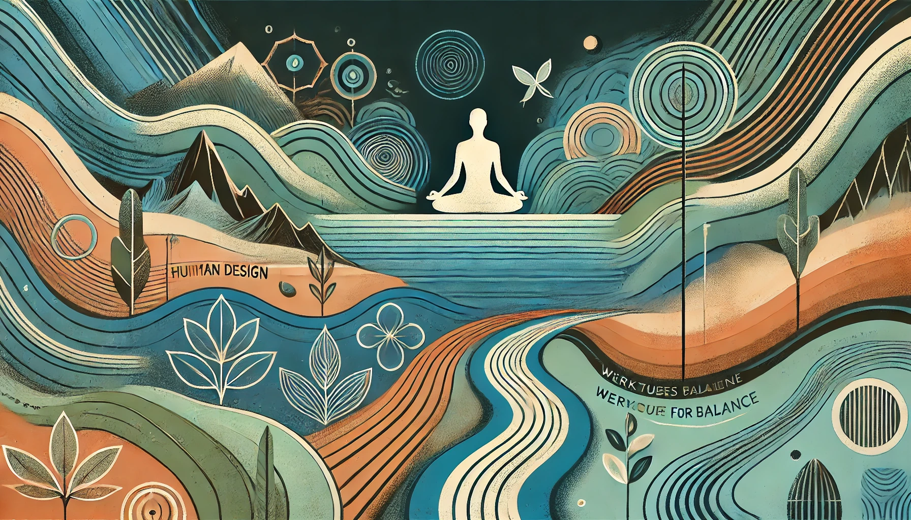 Abstrakte Landschaft mit ruhigen Wellen, meditativen Figuren und geschwungenen Pfaden. Elemente symbolisieren Achtsamkeit, Selbstbewusstsein und die optimale Umgebung, ergänzt durch harmonische Farben in Dunkelblaugrün, Türkis und Orange. Darstellung von Balance und Transformation. Abstrakte Landschaft mit ruhigen Wellen, meditativen Figuren und geschwungenen Pfaden. Elemente symbolisieren Achtsamkeit, Selbstbewusstsein und die optimale Umgebung, ergänzt durch harmonische Farben in Dunkelblaugrün, Türkis und Orange. Darstellung von Balance und Transformation.