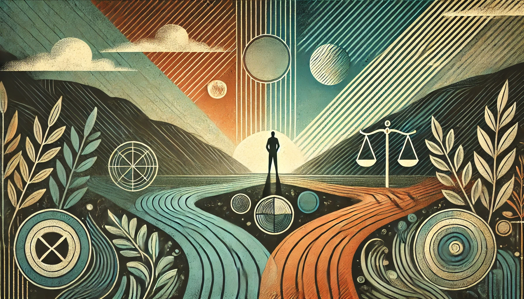 Abstrakte Landschaft mit einer Person an einer Weggabelung, symbolisiert durch Pfade, die in verschiedene Richtungen führen. Elemente wie Waage und Kreise stehen für Balance und Reflexion, während harmonische Farben in Dunkelblaugrün, Türkis und Orange Klarheit und Transformation im Business-Kontext darstellen. Abstrakte Landschaft mit einer Person an einer Weggabelung, symbolisiert durch Pfade, die in verschiedene Richtungen führen. Elemente wie Waage und Kreise stehen für Balance und Reflexion, während harmonische Farben in Dunkelblaugrün, Türkis und Orange Klarheit und Transformation im Business-Kontext darstellen.
