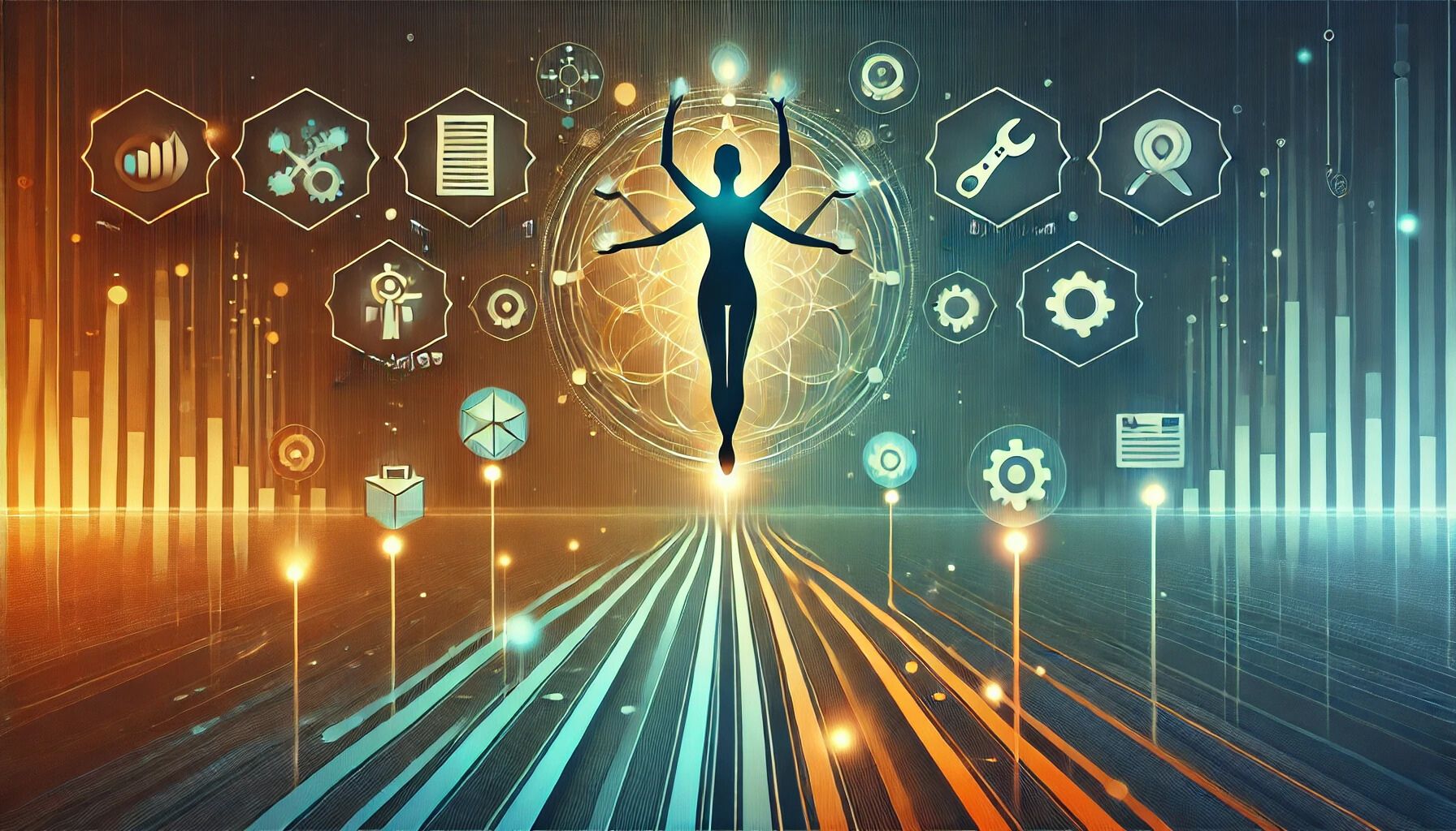 Abstrakte Darstellung einer menschlichen Figur, die geometrische Formen auf leuchtenden Pfaden balanciert und die Harmonie zwischen Delegation, Selbstfürsorge und Wachstum symbolisiert. Werkzeuge und Symbole im Hintergrund stehen für praktische Methoden, um die Delegation zu verbessern. Harmonische Farben in Dunkelblaugrün, Türkis und Orange betonen Balance, Klarheit und Empowerment. Abstrakte Darstellung einer menschlichen Figur, die geometrische Formen auf leuchtenden Pfaden balanciert und die Harmonie zwischen Delegation, Selbstfürsorge und Wachstum symbolisiert. Werkzeuge und Symbole im Hintergrund stehen für praktische Methoden, um die Delegation zu verbessern. Harmonische Farben in Dunkelblaugrün, Türkis und Orange betonen Balance, Klarheit und Empowerment.