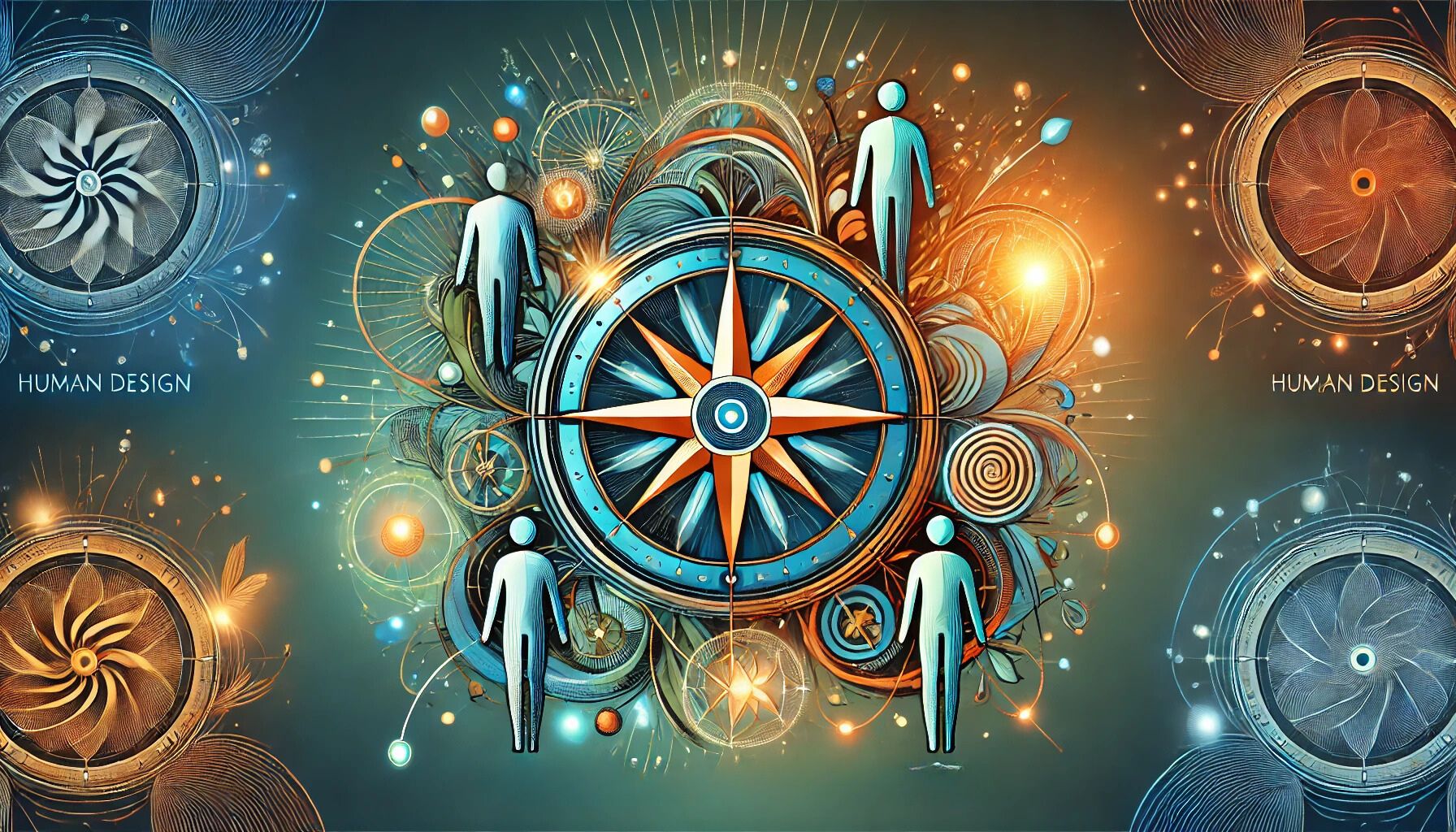 Abstrakte Illustration eines zentralen Kompasses, umgeben von leuchtenden Pfaden und Energiezentren, die Führung und Entscheidungsfindung im Human Design symbolisieren. Vier Figuren repräsentieren die verschiedenen Human Design Typen und ihre Führungsrollen. Harmonische Farben in Dunkelblaugrün, Türkis und Orange unterstreichen Klarheit und Orientierung. Abstrakte Illustration eines zentralen Kompasses, umgeben von leuchtenden Pfaden und Energiezentren, die Führung und Entscheidungsfindung im Human Design symbolisieren. Vier Figuren repräsentieren die verschiedenen Human Design Typen und ihre Führungsrollen. Harmonische Farben in Dunkelblaugrün, Türkis und Orange unterstreichen Klarheit und Orientierung.