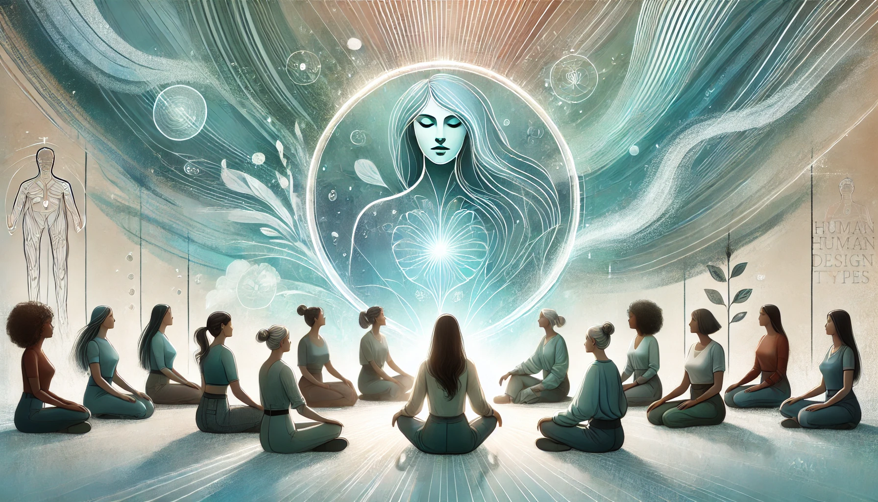 Inspiriertes Bild über die verborgene Kraft von Human Design und Herausforderungen. Zeigt eine diverse Gruppe von Frauen, die in einer Coaching-Sitzung sind, mit abstrakten Elementen, die die Energie und Stärken von Human Design repräsentieren. Inspiriertes Bild über die verborgene Kraft von Human Design und Herausforderungen. Zeigt eine diverse Gruppe von Frauen, die in einer Coaching-Sitzung sind, mit abstrakten Elementen, die die Energie und Stärken von Human Design repräsentieren.