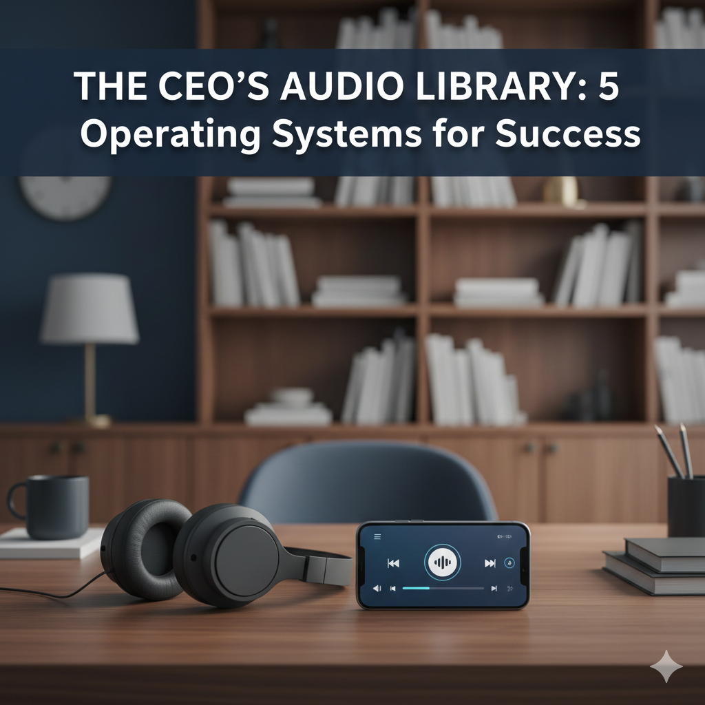 A modern desk with a smartphone and headphones showing an audiobook interface, titled The CEO's Audio Library.