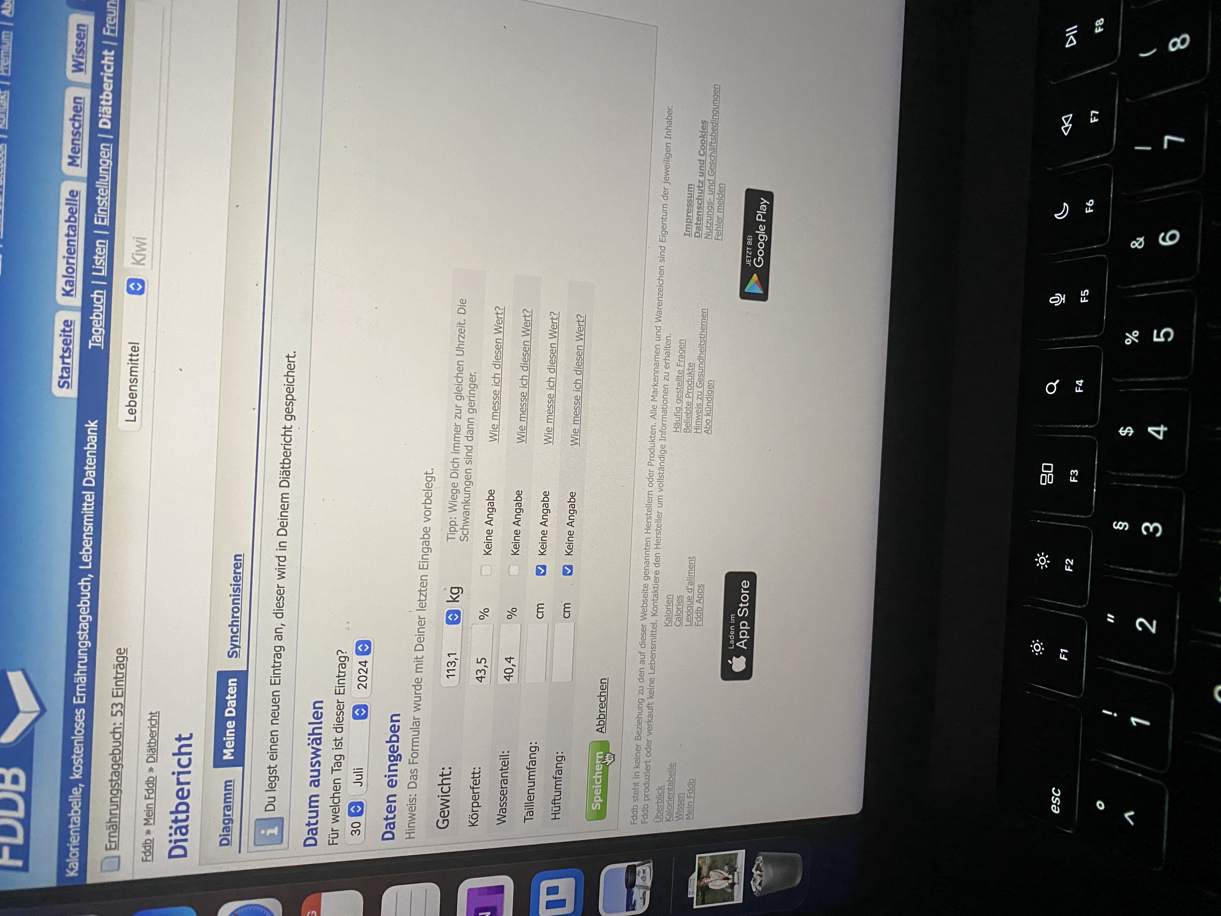 Gewichtseingabe in der APP am PC